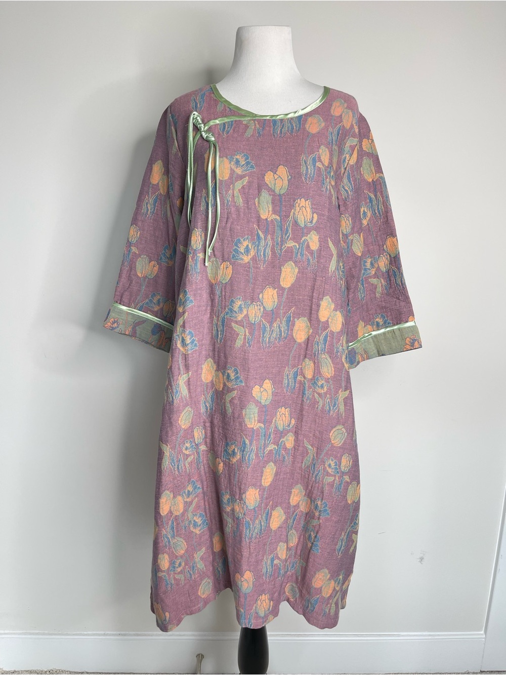 Floral Lotus Tulip Midi Tent Shift Qipao Cheongsam Dress in Dusty Rose & Green